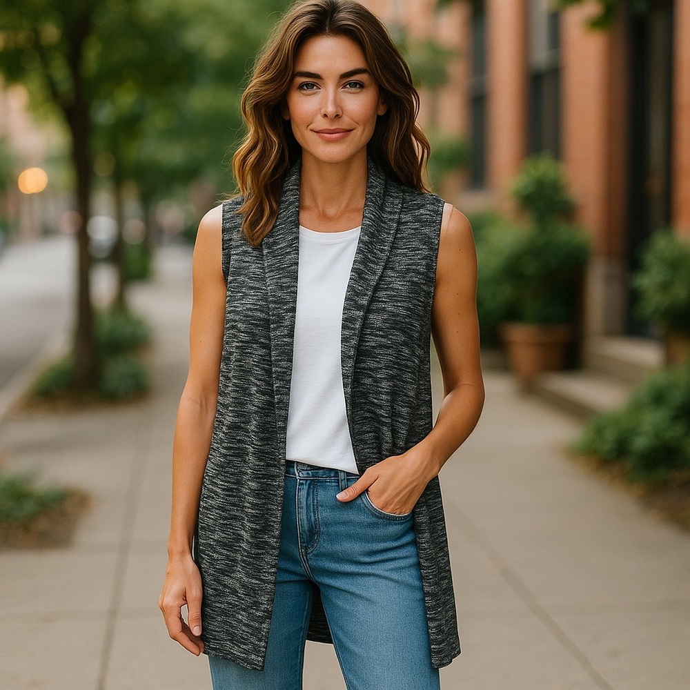 GAP Long Sweater Vest – Black & White Knit, 100% Cotton, Size Small – Sleeveless